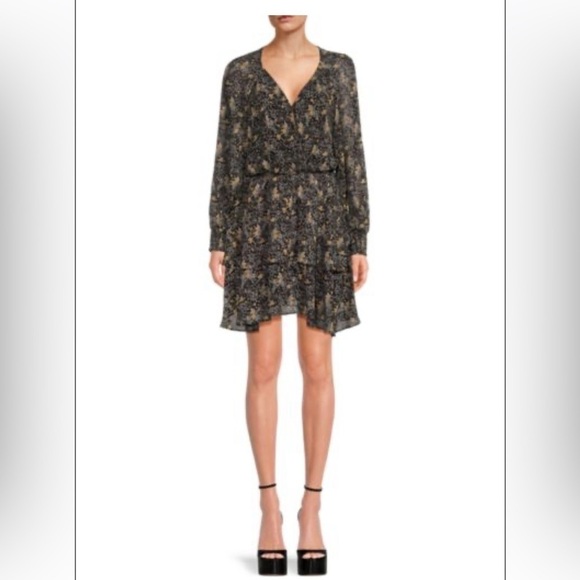 ASTR The Label Womens Black Gold Long Sleeve Tiered Ruffle Floral Dress Size L - Picture 2 of 16